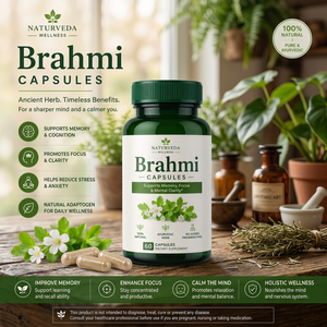 Capsules Brahmi Naturveda Wellness, 60 capsules végétariennes, complément alimentaire naturel à base de plantes, pour la mémoire, la concentration, la clarté mentale, le sommeil, adultes - Product Image 1
