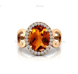 Anillos solitarios de Halo de piedras preciosas de citrino natural de tendencia en oro puro de 14K adornados con diamantes blancos certificados IGI genuinos a granel - Product Image 1