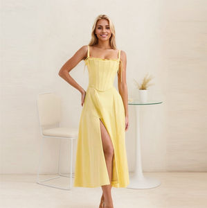 Set Corsetto <span class=keywords><strong>con</strong></span> Vita Alta e Lacci per Donna, Abito Midi <span class=keywords><strong>Lungo</strong></span> Giallo <span class=keywords><strong>con</strong></span> <span class=keywords><strong>Spacco</strong></span>, <span class=keywords><strong>Elegante</strong></span> e Casual, in Raso <span class=keywords><strong>con</strong></span> Spalline, Vendita all'Ingrosso, Novità 2024 - Product Image 1