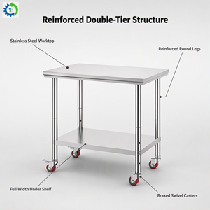 Plan de travail professionnel en acier inoxydable double couche pour chefs, avec roulettes réglables de qualité commerciale - Product Image 2