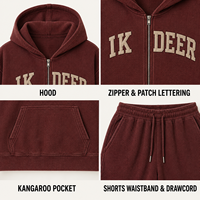 Ensemble sweat à capuche zippé en tricot gaufré personnalisé IKDEER avec short à cordon de serrage et lettres appliquées pour un style urbain décontracté vintage