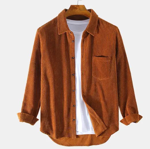 Custom OEM Stylish 2021 Turn Down Collar Brown Plain Long Sleeve Fashion Loose Plus Size Men's Casual Corduroy Shirt