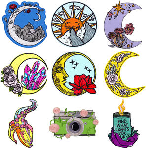 Parche de Tela con Diseño de Dibujos Animados de Luna, Sol y Flores, con Certificación ISO9001 y BSCI, Parche Bordado Termoadhesivo Personalizado con Tema de Libertad para Ropa - Product Image 1
