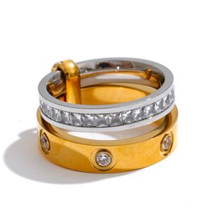 Cincin JINYOU 7691 Minimalis Dua Warna, Baja Anti Karat Lapis Emas, Bertabur Zirkonia Kubik, Cincin Personalisasi - Product Image 1