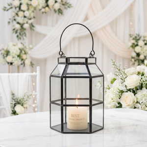 Wholesale Hexagon <b>Glass</b> Hurricane <b>Candle</b> <b>Holder</b> with Black Metal Frame for Weddings Table and Floor Decor - Product Image 2