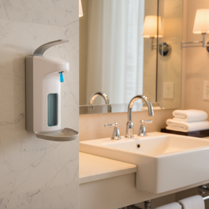 Distributeur mural de savon moussant double Euro manuel en plastique blanc moderne de 500 ml avec bac de récupération des liquides coloré pour usage hospitalier - Product Image 6