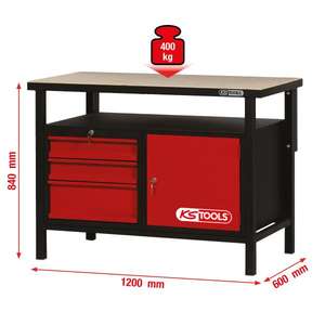 KS <b>TOOLS</b> - 865.0003 Workbench with 3 <b>drawers</b> and 1 door, 840x1200x600mm - EAN 4042146197011 WORKBENCHES AND TABLES - Product Image 2
