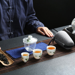 Service à thé de voyage moderne et écologique, portable, en verre et céramique, bol avec couvercle, tasse japonaise express, 350 ml, une théière, trois tasses, cadeau, hôtels - Product Image 3