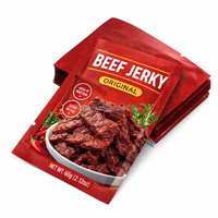 Sachet personnalisé pour bœuf séché, scellé sur trois côtés, en Mylar, pour l'emballage de snacks à base de viande, avec impression brillante, encoche de déchirement et film de qualité alimentaire