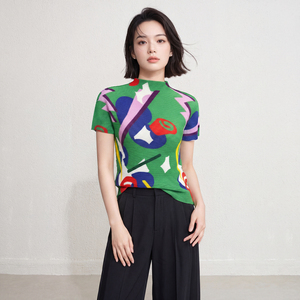 Blusa Casual da <span class=keywords><strong>Donna</strong></span> Miyake Estate 2026 a Maniche Corte, Plissettata, Elastica, Compressa, Traspirante, con Stampa Geometrica e Collo Alto, ad Asciugatura Rapida - Product Image 2