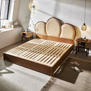 Cadre de <span class=keywords><strong>lit</strong></span> vintage en bois massif et rotin, <span class=keywords><strong>lit</strong></span> plateforme Queen/King style Mid-Century Modern avec tête de <span class=keywords><strong>lit</strong></span> tressée à la main, mobilier de chambre - Product Image 4