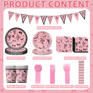 Vajilla Rosa y Negra con Lazo, Decoración Coqueta para Cumpleaños, Platos Desechables para Niñas, Baby Shower, Despedida <span class=keywords><strong>de</strong></span> Soltera - Product Image 3