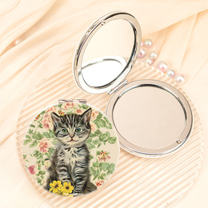 Miroir de poche compact HD double face pliable en similicuir vintage avec logo personnalisé, motif chat floral, pour vente en gros - Product Image 5