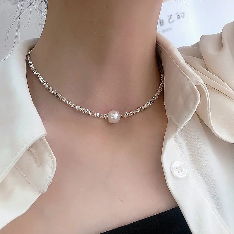 Luxury S925 Sterling Silver Broken Silver Pearl Necklace Women'S Collarbone Chain Necklace