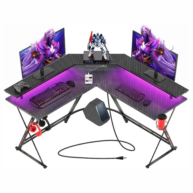 Ergonomic Gamer Table With Cup Holder Gaming Desk With LED Lights L-Shaped Gaming Desk Carbon Fiber Surface With Monitor Stand