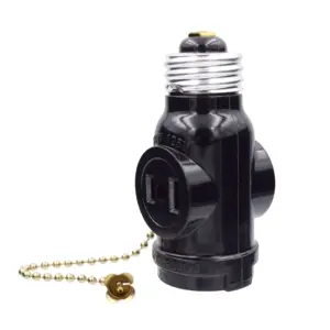 US 660W 125V Black Socket Adapter with Pull Chain Medium Base Single-to-Twin Outlet ELEGRP 6504 Screw-in Bakelite Lampholder