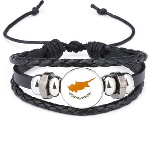 Drapeaux nationaux asiatiques, bracelets en cuir de vachette drapeau chypriote, bracelets tissés à la main noirs - Product Image 1