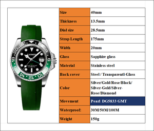 Custom <strong>Watch</strong> Dial logo <strong>Pearl</strong> DG5833 GMT Green Automatic Mens Luxury Silicone Large Dial Style Beautiful <strong>Watch</strong> - Product Image 2