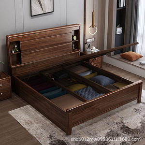 Nordic Style Solid Wood Storage Bed 1.8m Master Bedroom <b>Walnut</b> Modern Minimalist With <b>Drawer</b> And Shelf For Adults - Product Image 3