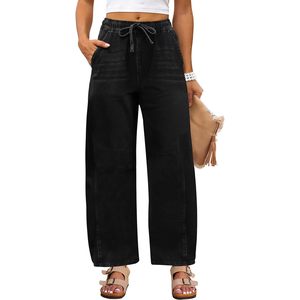 Jean Barrel pour femme FOXA, taille haute, jambe large, avec cordon de serrage, en denim, avec poches, en toile respirante - Product Image 1