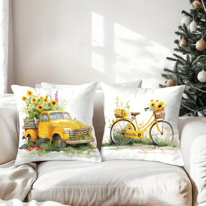 Sunflower themed throw pillows featuring vintage truck bike boots and watering can for cozy summer decor - Product Image 3