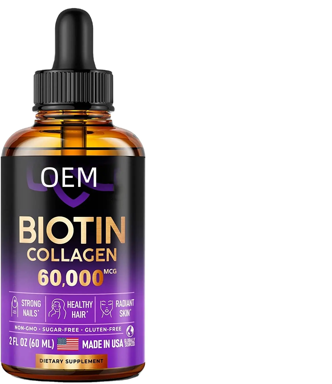 Hot Sale OEM Hair Growth Vitamin Drops para Mulheres & Homens-Força Extra 60000 mcg - B7 Suplemento Biotina Líquida & Colágeno