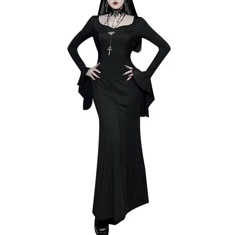 Halloween gótico oscuro vestido de fiesta mujeres estética Vintage elegante club nocturno manga larga cintura alta trompeta vestido femenino