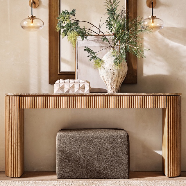 RH Modern American Oak Console Table, Customizable Size Fluted Column Entryway Table, Luxury Marble Top Heritage Hardwood Desk