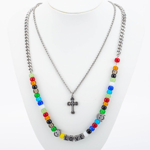 yunnique European American Retro Punk Colorful Glass Bead Cross Double Layer Necklace Unisex <b>Titanium</b> Steel <b>Chain</b> Love Pendant - Product Image 1