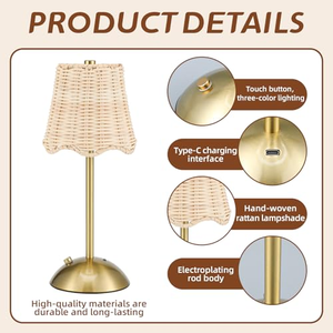 Lampe de table en tissu, lumière de table pour mariage, abat-jour en rotin personnalisé, hauteur réglable, lampes de table de restaurant, rechargeables - Product Image 3