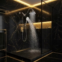 Douche à main multifonction en plastique ABS finition chromée, 5 modes de jet, pommeau de douche pluie, ensemble complet avec bras, tuyau et support