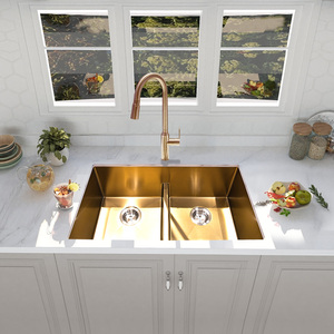 Nuovo Lavello da <span class=keywords><strong>Cucina</strong></span> Moderno in Acciaio Inox, <span class=keywords><strong>Vasca</strong></span> Doppia Resistente, Montaggio Sottopiano, Finitura Oro Lucida - Product Image 1