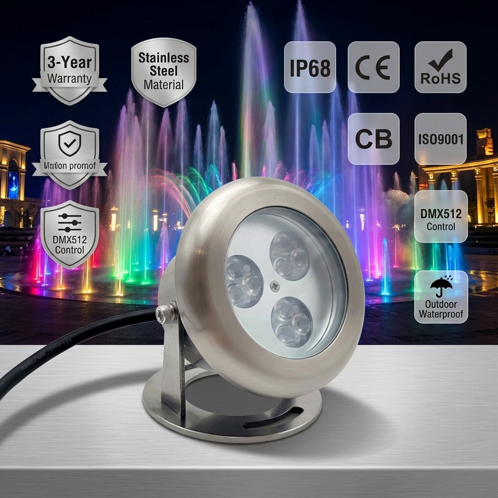 Stainless Steel Rusty Against IP68 Underwater Light RGB 3in1 External Control 9w Swimming Pool Pond Led Fountain Light