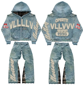 Fabricante OEM, Ropa Urbana Personalizada, Sudadera con Capucha Extra Grande con Pedrería, Pantalones Vintage Desgastados Transpirables para Invierno, para Hombre - Product Image 1