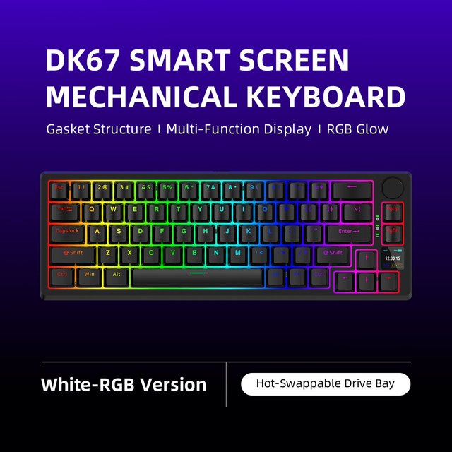 DK67 TRI-MODE CUSTOM MECHANICAL KEYBOARD Gasket Structure/RGB Backlight/Multi-function Display/Long Lasting Battery Life.