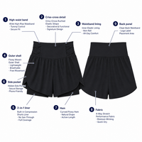 Shorts Athlétiques Fluides Noirs Taille Haute pour Femme, Effet Ventre Plat, Croisés, 2-en-1 Doublés, Non Transparent, Fabricant