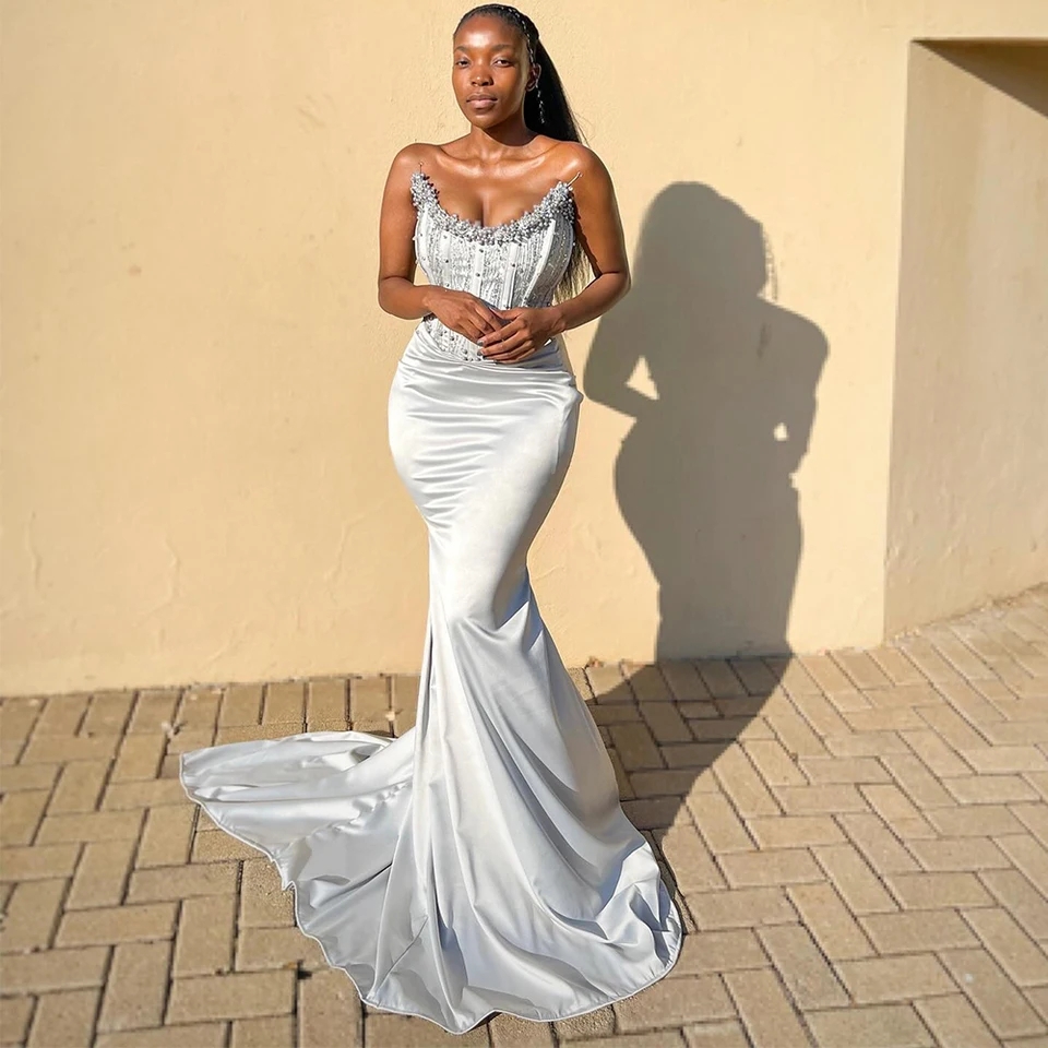 green emerald velvet dress Pale Silver Gray Sparkly Beading Tulle A-line Prom Dress Long main image 0