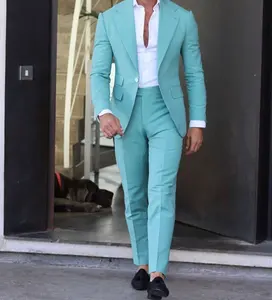 天蓝色单排扣2件最新男士套装设计休闲修身套装设计男士婚礼套装适合男士印花定制