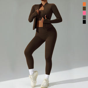 Ensemble de yoga pour femmes, haut à manches longues avec fermeture éclair, leggings taille haute, couleur unie, spandex, vêtements de fitness, XS à 3XL - Product Image 5