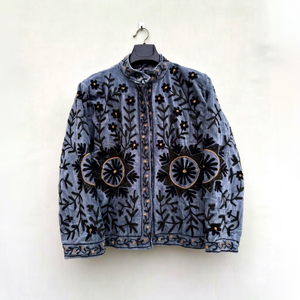 Luxury Gray <b>Velvet</b> Embroidered Suzani <b>Jacket</b> With Floral Pattern Full Sleeve Stand Collar Bohemian Artisan <b>Women's</b> Autumn Coat - Product Image 1