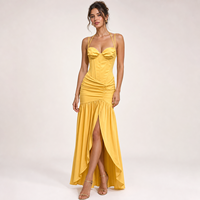 Robe de soirée longue jaune, sans manches, à col cœur, froncée, fendue, asymétrique, coupe évasée, personnalisable OEM, vente en gros