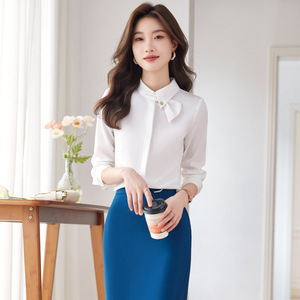 Women's Mint Green Stand-Up Collar Shirt Solid Color Long Sleeve Work Blouse Polyester Poplin Fabric Office Wear - Product Image 2