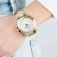 Montre de Plongée de Luxe Mosanto à Quartz pour Homme, Cadran Texturé Linéaire, Lunette Dentée, Bracelet en Acier Bicolore, Chronographe Jour/Date, Étanche 50m