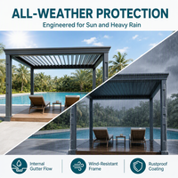 Pergola modulaire à trois panneaux, cloison de séparation, en aluminium, à lames orientables, 3x3m, avec ombrage motorisé, pour balcon et événements.