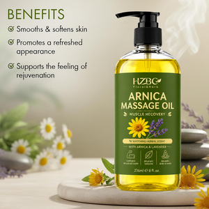 Huile de massage à l'arnica en marque propre - Relaxante et rafraîchissante, aromathérapie à la lavande et à la camomille, pour hommes et femmes, tous types de peau - Product Image 1
