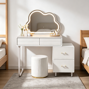 Modern Makeup Vanity <b>With</b> Lighted Cloud Mirror And Storage <b>Drawers</b> Bedroom <b>Dressing</b> <b>Table</b> <b>With</b> Stool - Product Image 1