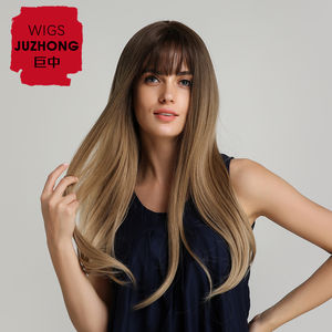 Haircube 22 "<span class=keywords><strong>parrucche</strong></span> sintetiche da <span class=keywords><strong>donna</strong></span> con frangetta marrone Ombre lunghi capelli lisci simulazione realistica parrucca del cuoio capelluto titolo naturale - Product Image 3