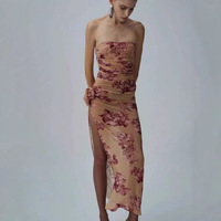 Robe longue bustier à imprimé floral vintage, sexy, en maille froncée, moulante et fendue, tenue de plage ajustée pour femme