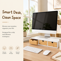 Support d'écran en bambou, organiseur de bureau, 3 tiroirs, cadre en MDF, boîte de rangement sous l'ordinateur pour fournitures de bureau et petits objets