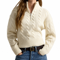 Pull-over d'hiver classique en coton 100 % tricoté torsadé pour femme, col montant, fermeture éclair quart de tour, 7GG, style preppy, idéal pour club de campagne, vente en gros sur mesure